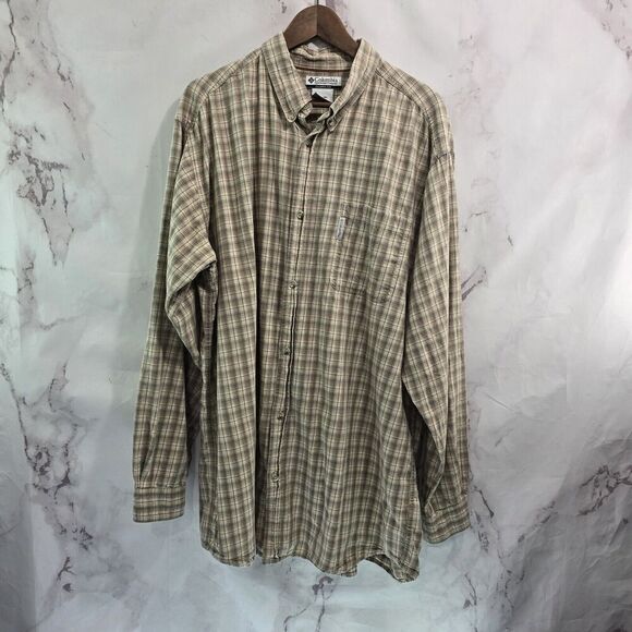 Columbia Shirt Men 2XL XXL Tan Beige Button Down Long Sleeve Plaid Vintage 90s - Picture 1 of 11